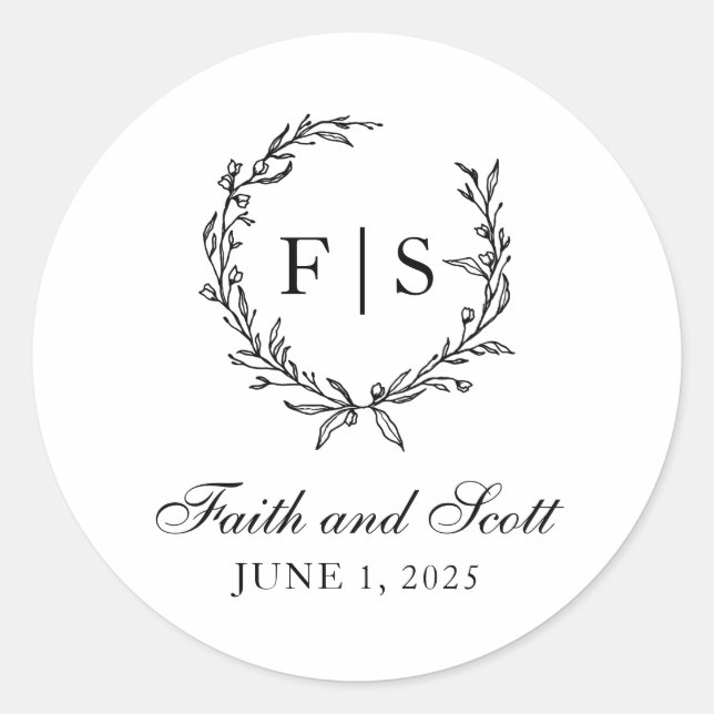 Adesivos de Monograma de Coroa de Preto e Branco (Frente)