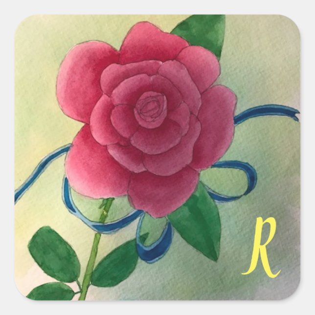 Adesivos de Monograma Rosa Rosa Fita Azul Aquarela (Frente)