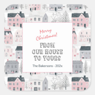 Adesivos de Natal Casas Vintage Rosa Branco Cinza