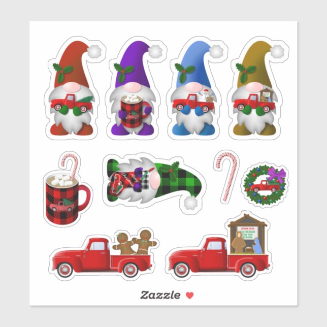 Adesivos de Natal com Gnomos e Caminhõezinhos Verm (Folha)