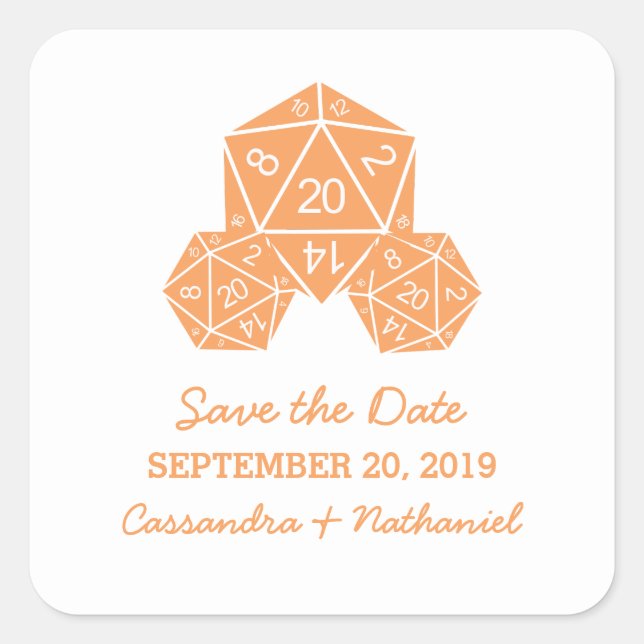 Adesivos de Salvar a Data de Laranja D20 Dice (Frente)