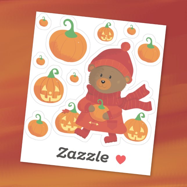 Adesivos de Urso Pardo no Campo de Abóboras (Brown bear and pumpkins vinyl sticker pack
)