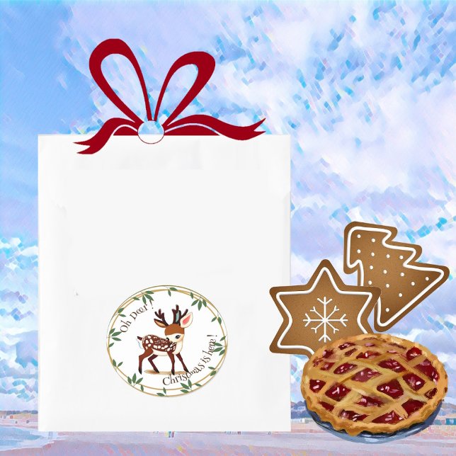 Adesivos divertidos de Natal para crianças com cer (Fun Cute Deer Cartoon Green Wreath Christmas Kid's Classic Round Sticker)