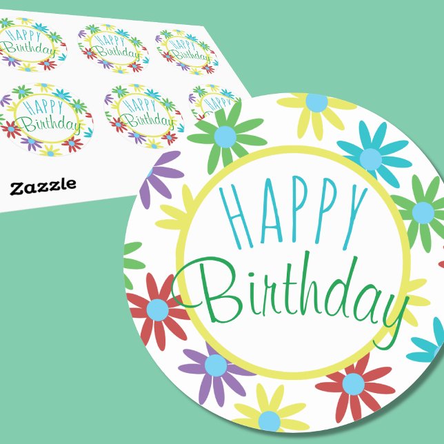 Adesivos Florais Coloridos de Aniversário (Depiction of Round Stickers, Sheet of 6 and Front View)