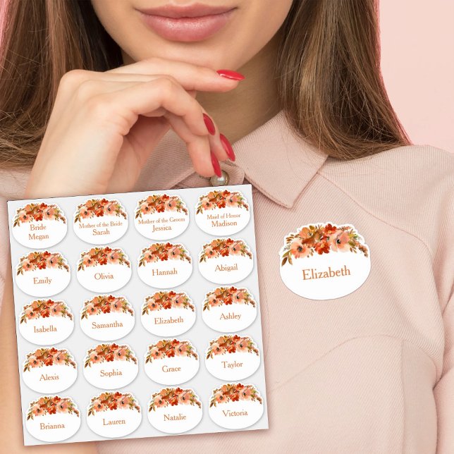 Adesivos para Nomes de etiqueta Florais de Pêssego (Peach Floral Bridal Shower Name Tag Stickers - Wine Glass Name Tag Stickers
)