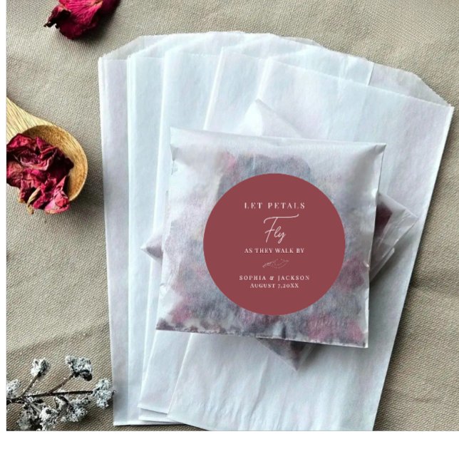 Adesivos Para Saco de Lançamento de Pétalas de Cas (Modern wedding petal toss bags sticker bride groom name pink red color)