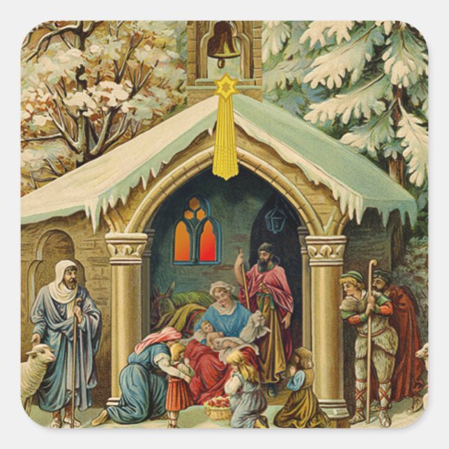 Adesivos Quadrados Cena de Natal Vintage (Frente)