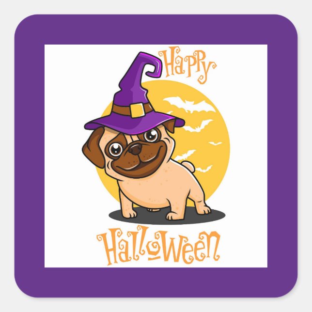 Adesivos Quadrados da Bruxa de Halloween Pug (Frente)
