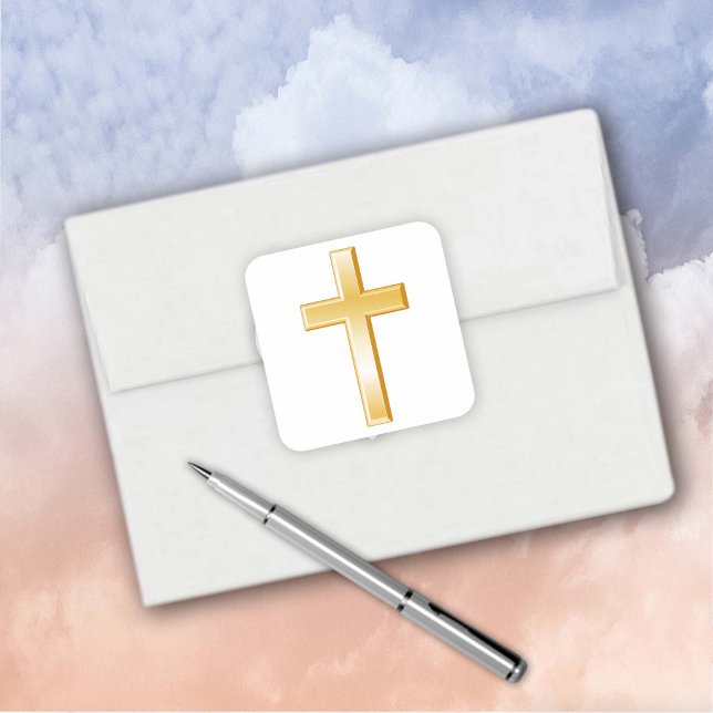 Adesivos Quadrados de Cruz Cristã Dourada (Christian Cross Gold Square Stickers for all your correspondence.
)