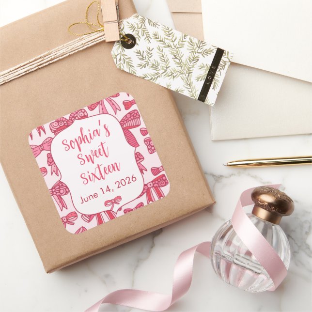 Adesivos Quadrados de Festa com Laço Rosa Coquette (Presentear)
