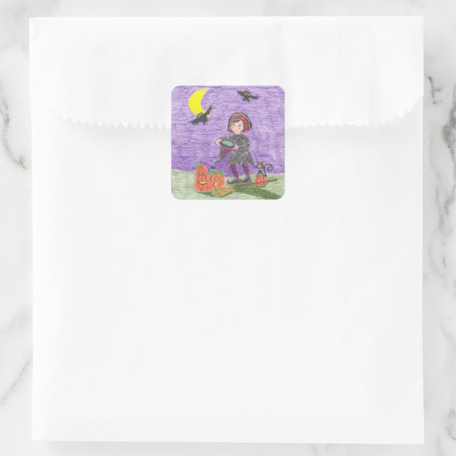 Adesivos quadrados de Halloween de bruxa de cabelo (Bolsa)