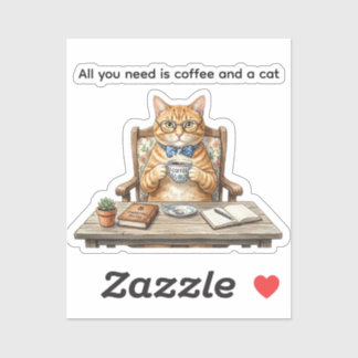 Adesivos Quadrados Gato Laranja Tabby Bebendo Café