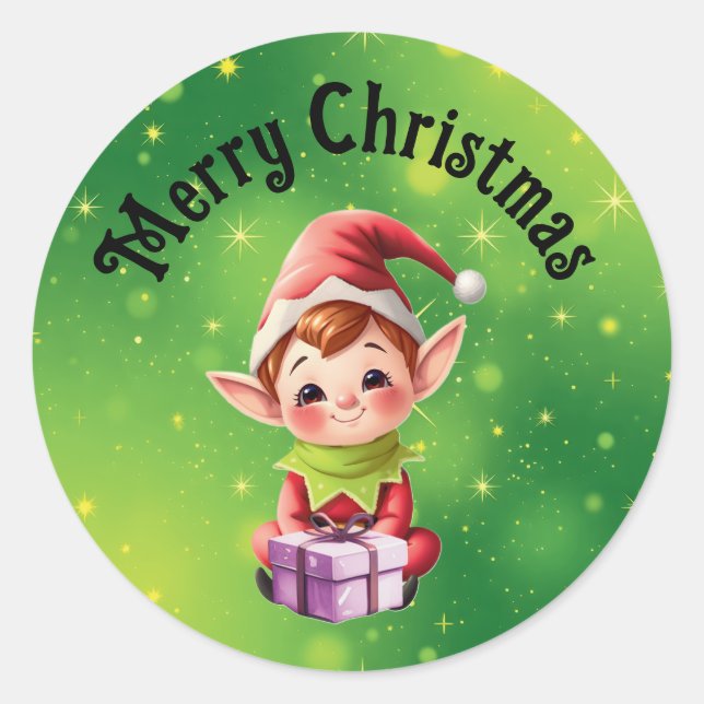 Adesivos redondos de elfo de Natal com fundo verde (Frente)