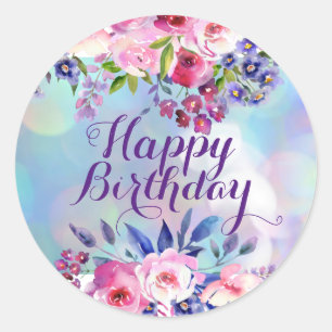 Adesivos Redondos de Feliz Aniversário com Flores