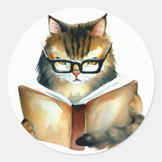 Adesivos Redondos de Gato Lendo um Livro (Frente)