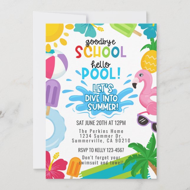 Adeus Escola, Olá Convite de Verão Piscina (Frente)