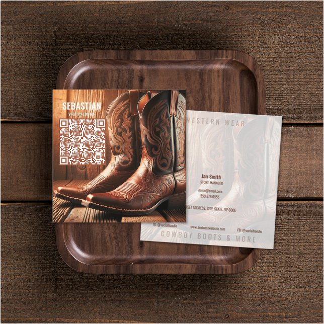 Adicionar Cartões de visitas de código QR do Visto (Add Photo Western Wear QR Code Business Cards (front and back))