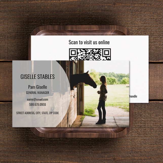 Adicionar Cartões de visitas de Código QR Equestre (Add Photo Horse Equestrian QR Code Business Cards (front and back))