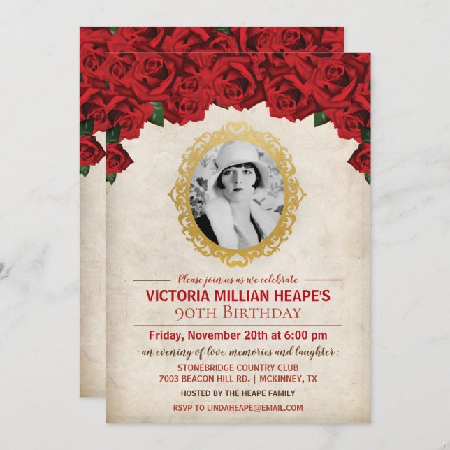 ADICIONAR FOTO - Rosa Marco Convite Aniversário (Frente/Verso)