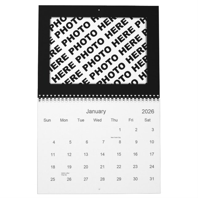 Adicione 34 fotos em um quadro preto do calendário (Jan 2026)