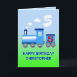 Adicione um nome a um 5o cartão de aniversário<br><div class="desc">Um trem azul que sopra para fora nubla-se do vapor branco. Adicione um nome a este quinto cartão de aniversário.</div>