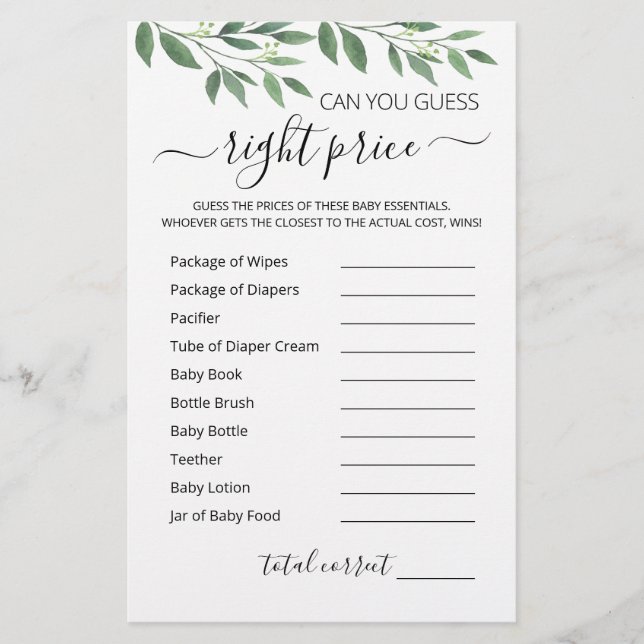 Adivinha o jogo de Chá de fraldas do jogo de preço (Frente)