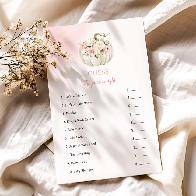 Adivinha o jogo do Chá de fraldas de Pumpkin da Ga (Guess the Price is Right Pink Fall Baby Shower Game)