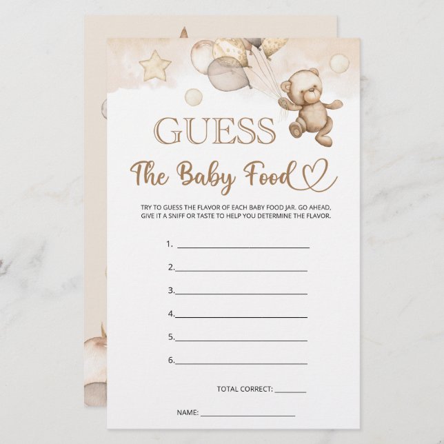 Adivinha O Jogo Do Chá de fraldas Do Bebê Comida (Frente/Verso)