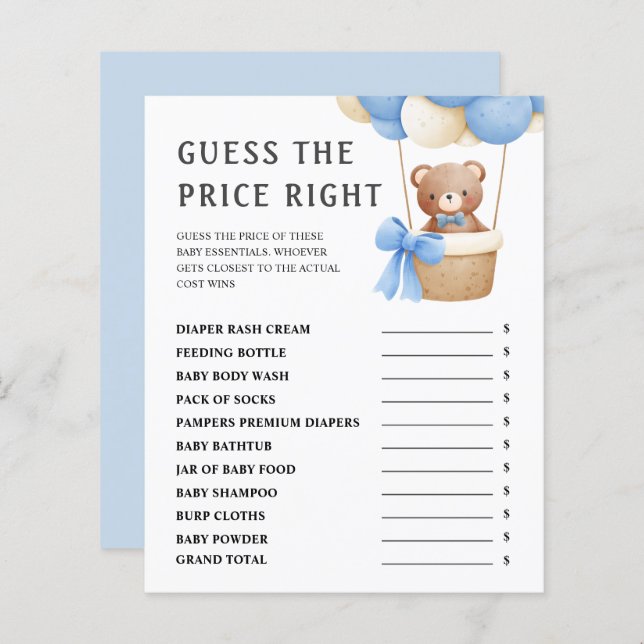 Adivinha O Preço | Jogo de Chá de fraldas do Urso  (Frente/Verso)