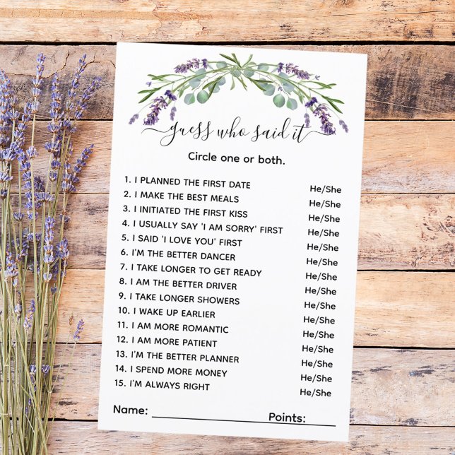 Adivinha quem disse isso jogo de lavanda chá de pa (Criador carregado)