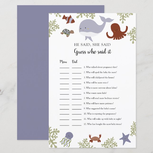 Adivinha quem disse isso Jogo sob o Chá de fraldas (Frente/Verso)