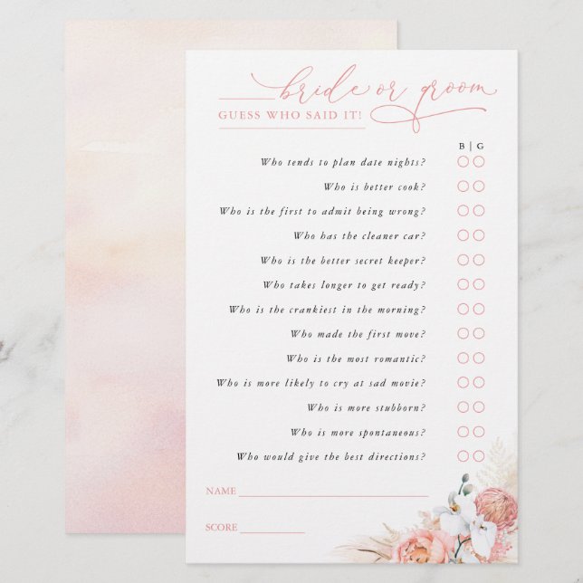 Adivinha quem é noiva ou noiva - Cartão de Jogo de (Frente/Verso)