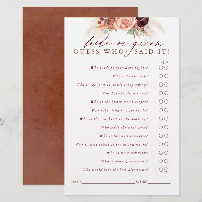 Adivinha quem é noiva ou noiva - Cartão de Jogo de (Frente/Verso)