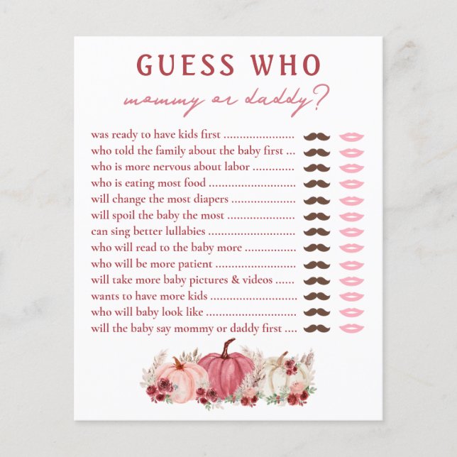 Adivinha Quem Mamãe Ou Pai Pumpkins Jogo De Chá de (Frente)