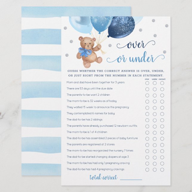 Adivinhe o Jogo Acima ou Abaixo Teddy Bear para Ch (Frente/Verso)