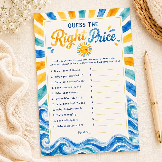 Adivinhe o Preço Certo Jogo para Chá de Bebê Ensol (Sunshine Baby Shower Game Card)