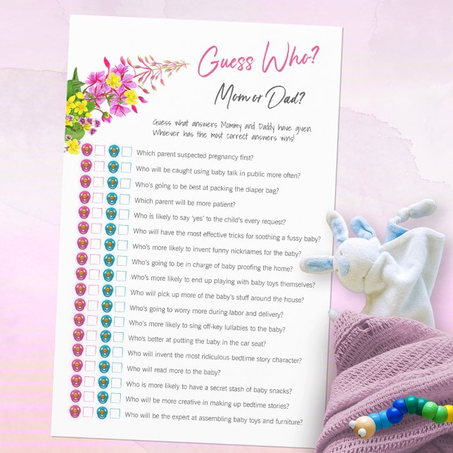 Adivinhe Quem é Mamãe ou Papai Jogo para Chá de Be (Guess Who Mom or Dad Baby Shower Wildflower Game ©Susanne Sachers - Sunny Mind Design 🌞)