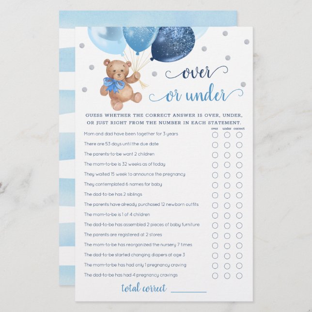 Adivinhe sobre ou sob o jogo de Chá de fraldas (Frente/Verso)