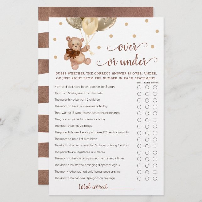 Adivinhe sobre ou sob o jogo de Chá de fraldas (Frente/Verso)