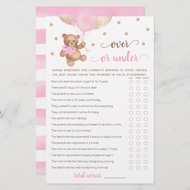 Adivinhe sobre ou sob o jogo de Chá de fraldas (Frente/Verso)