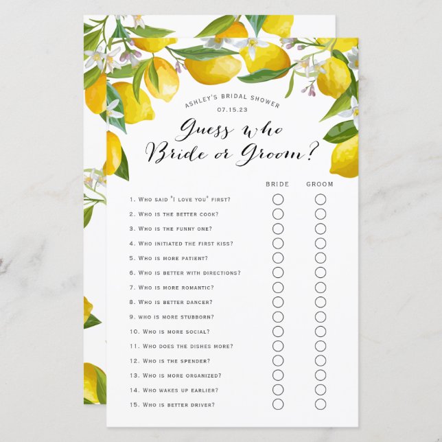 Adivinhem Quem, jogos de Chá de panela de limão (Frente/Verso)