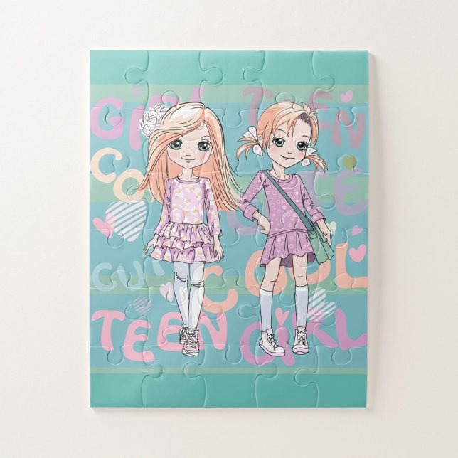 Adolescentes Jigsee Quebra-cabeça (Illustration of a jigsaw puzzle featuring two Caucasian girls, standing side by side.)