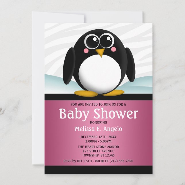 Adoráveis Convites De Chuva De Bebê De Pinguim Ros (Frente)