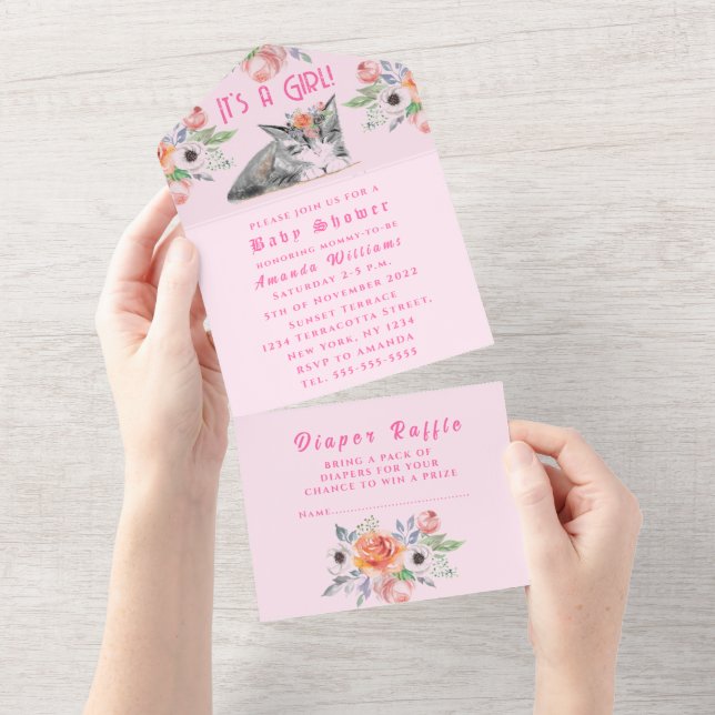 Adoráveis flores de Kitten Rosa É um Chá de fralda (Aba destacável)