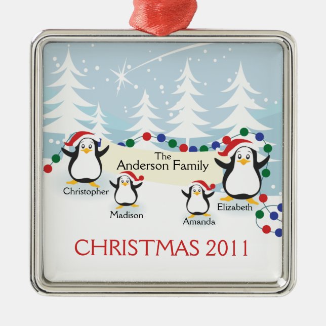 Adoráveis Pinguins Família de 4 Enfeite de Natal (Frente)
