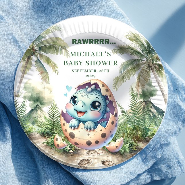 Adoráveis Pratos para Chá de Bebê do Dinossauro qu (Adorable Dino Baby Shower Hatching Soon Plates)