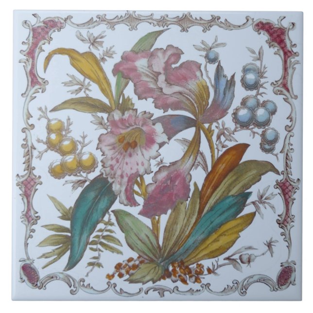 Adorável Azulejo Vitoriano Transferware Floral c18 (Frente)