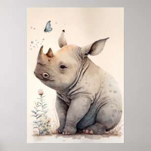 Adorável Baby Rhino Watercolor Poster