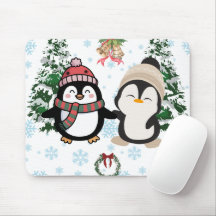 Adorável Casal de Pinguins de Natal Mousepad