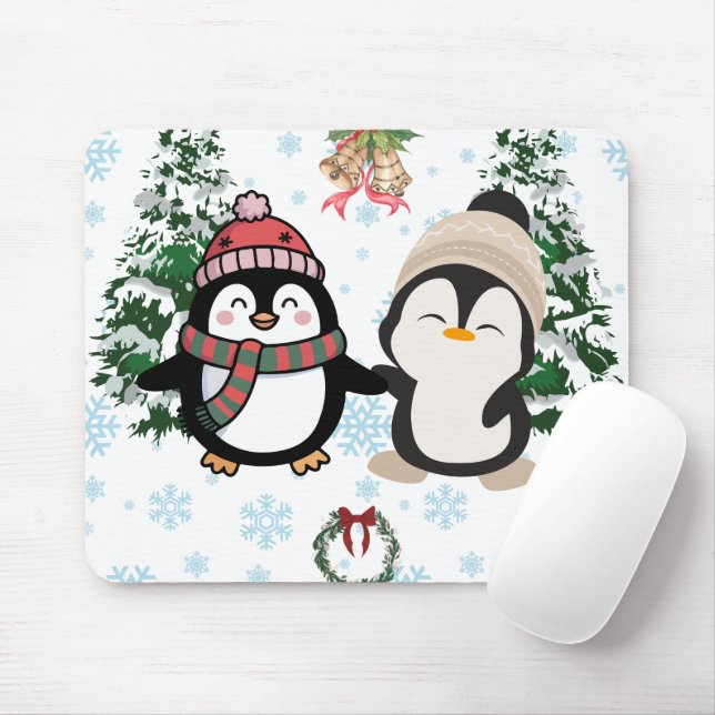 Adorável Casal de Pinguins de Natal Mousepad (Com mouse)